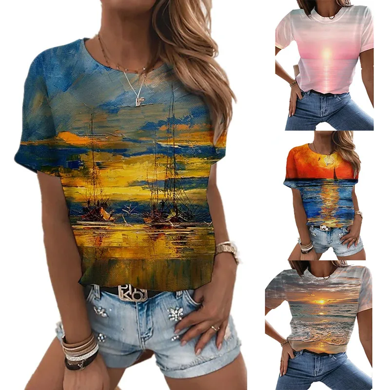 

2022 Women's Clothing Ocean Style 3D Printed T-shirt Casual Short Sleeve Round Neck Top Xxs-6xl Loose Fashion Women's T-shirt