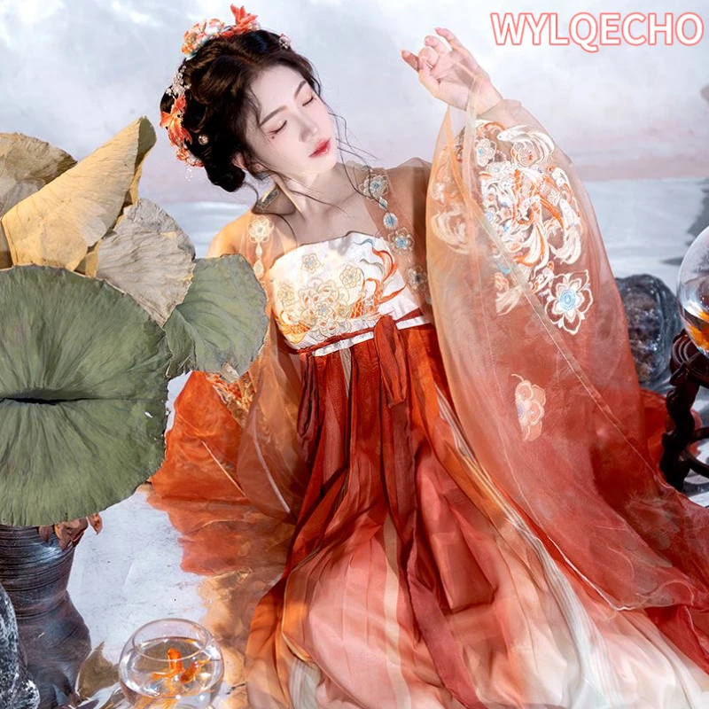 2023 красное женское традиционное китайское танцевальное платье Hanfu с вышивкой