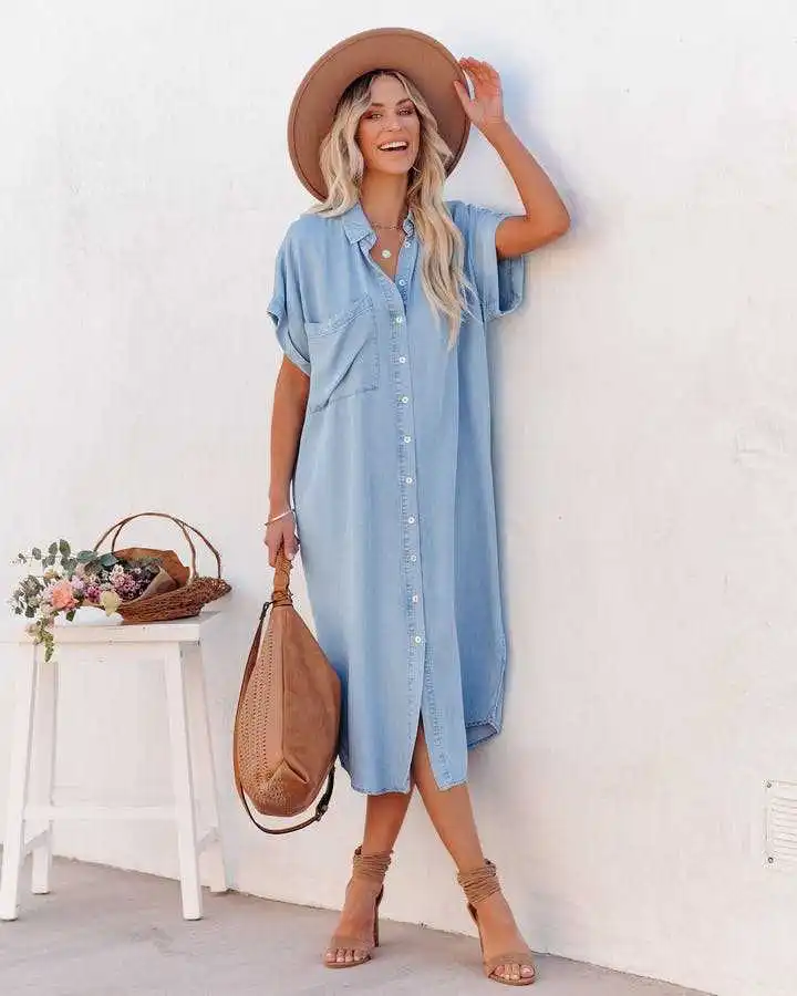 

New Fashion Women Denim Shirt Dress With Big Pockets Female Summer Casual Vintage Single Breasted Streetwear Loose Midi Dress