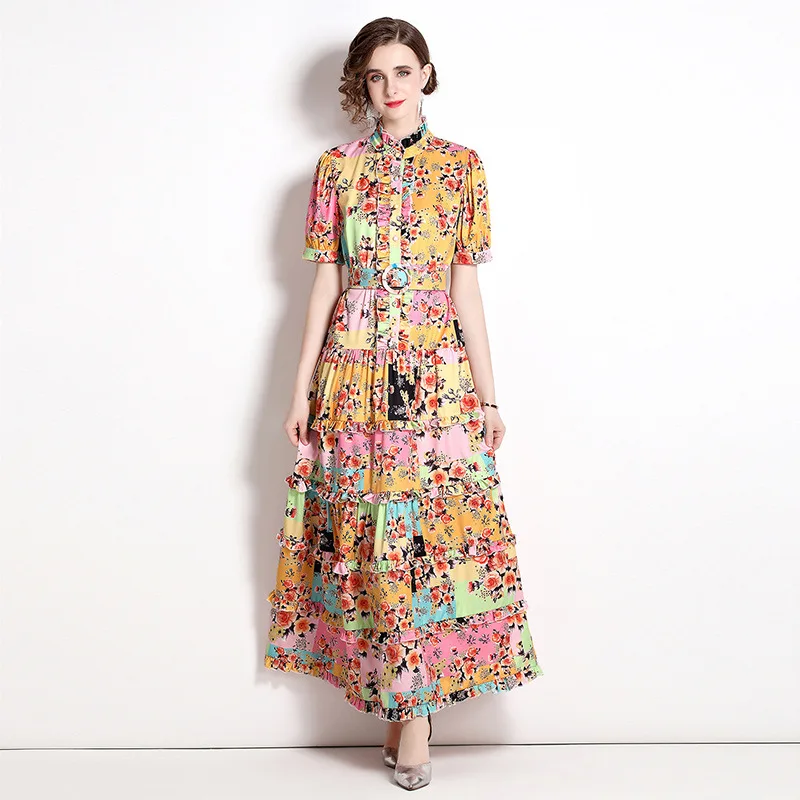 

Women Clothes 2022 Summer Dress New Fashion Short-sleeved Printed Fungus Edge Large Swing Beach Holiday Maxi Dresses For Women