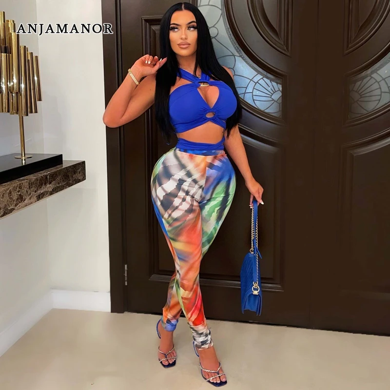 

ANJAMANOR Sexy Club Outfits for Women Clothing 2 Pieces Set Bandage Crop Top and Printed Leggings Wholesale Items D30-DH29