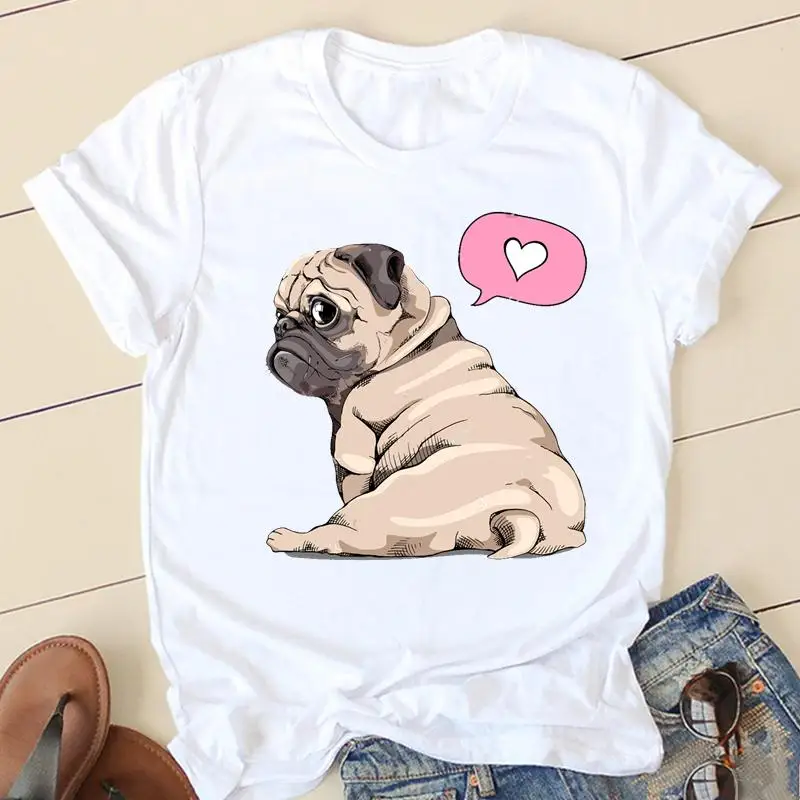 

Women Sweet Love Pug T-shirts Ladies Fashion Clothing Short Sleeve Cartoon Clothes Spring Summer Female Tee Graphic Tshirt