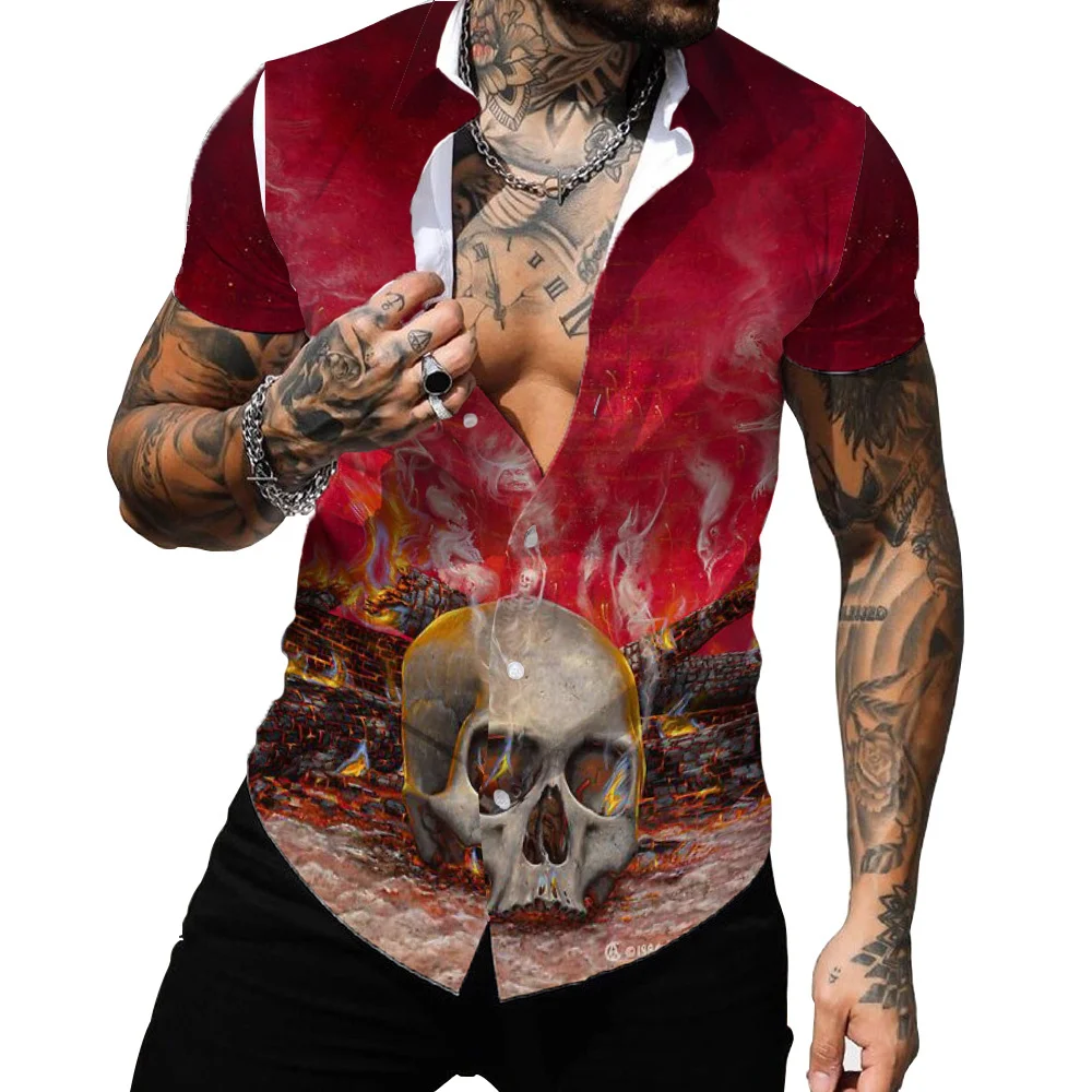 

Мужская одежда 2022, свободная крутая гавайская рубашка с 3d принтом черепа и короткими рукавами, повседневный летний топ для вечеринок, Пляжн...
