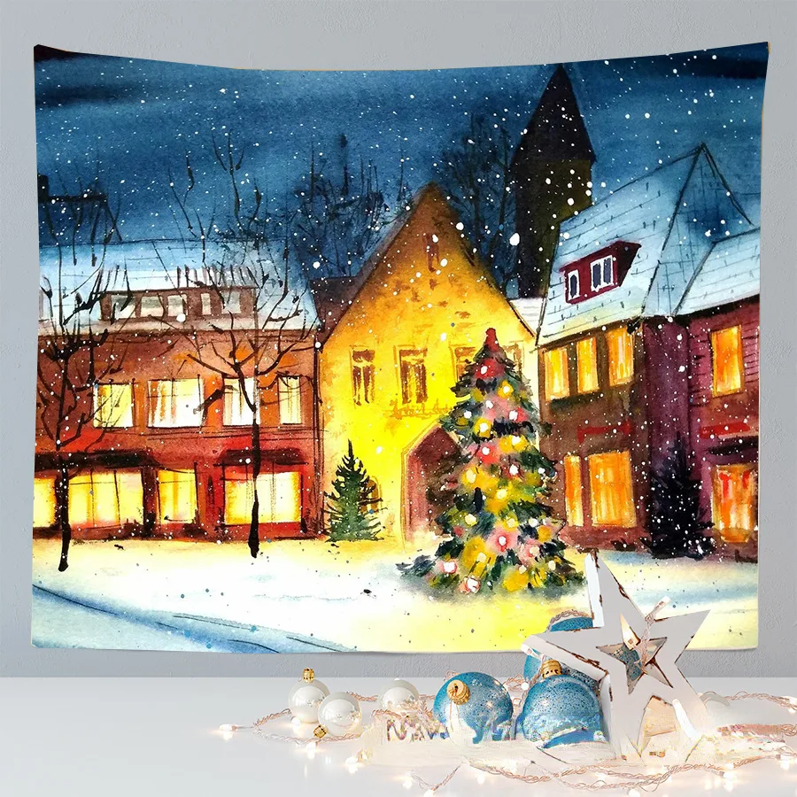 

Christmas Tapestry Woods Snow Scene Wall Hanging New Year Gift Christmas Tree Tapestry Bedroom Curtain Dormitory Home Decor