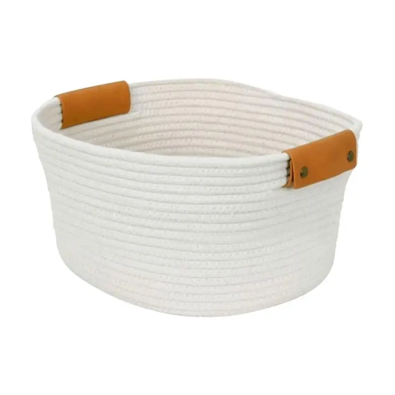 

Cotton Rope Woven Baskets Decorative Cotton Rope Basket With Leather Handles Decorative Storage Basket For Baby Nursery Living