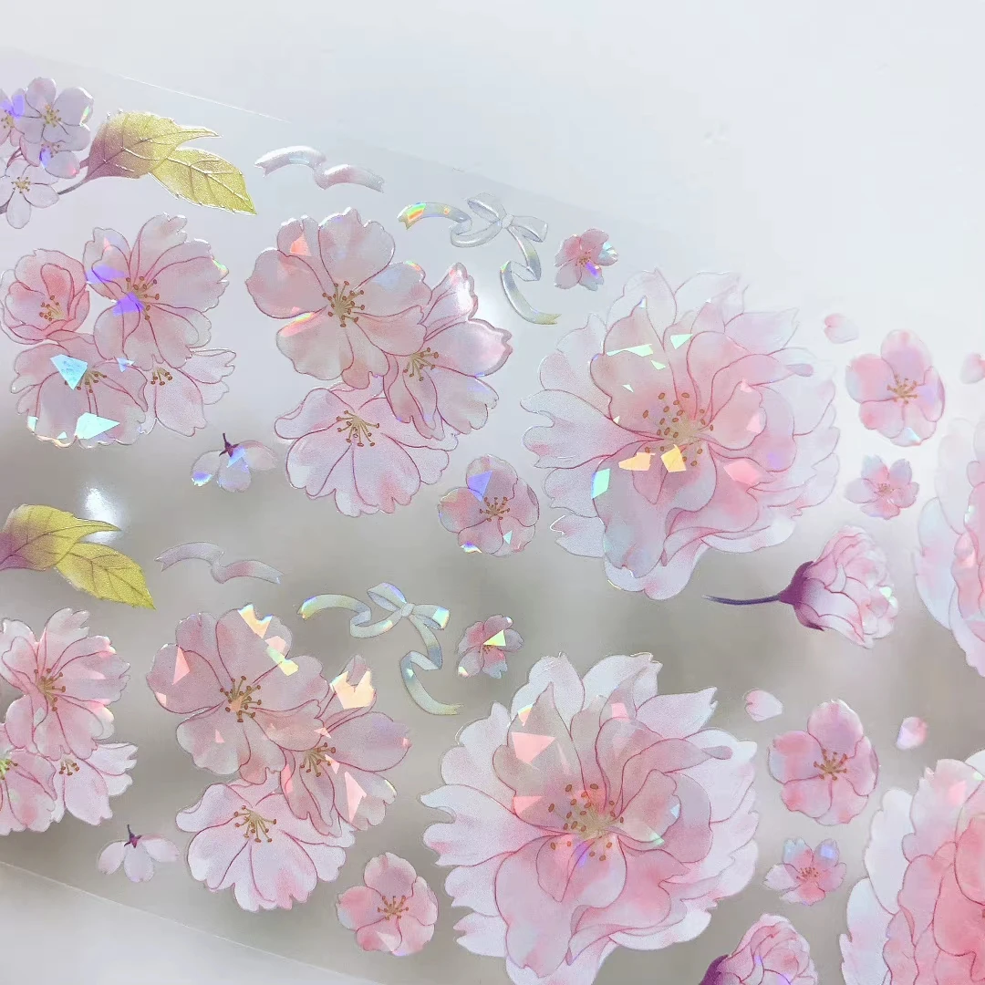 

Милые блестящие декоративные наклейки с розовыми цветами Сакурой и чаем