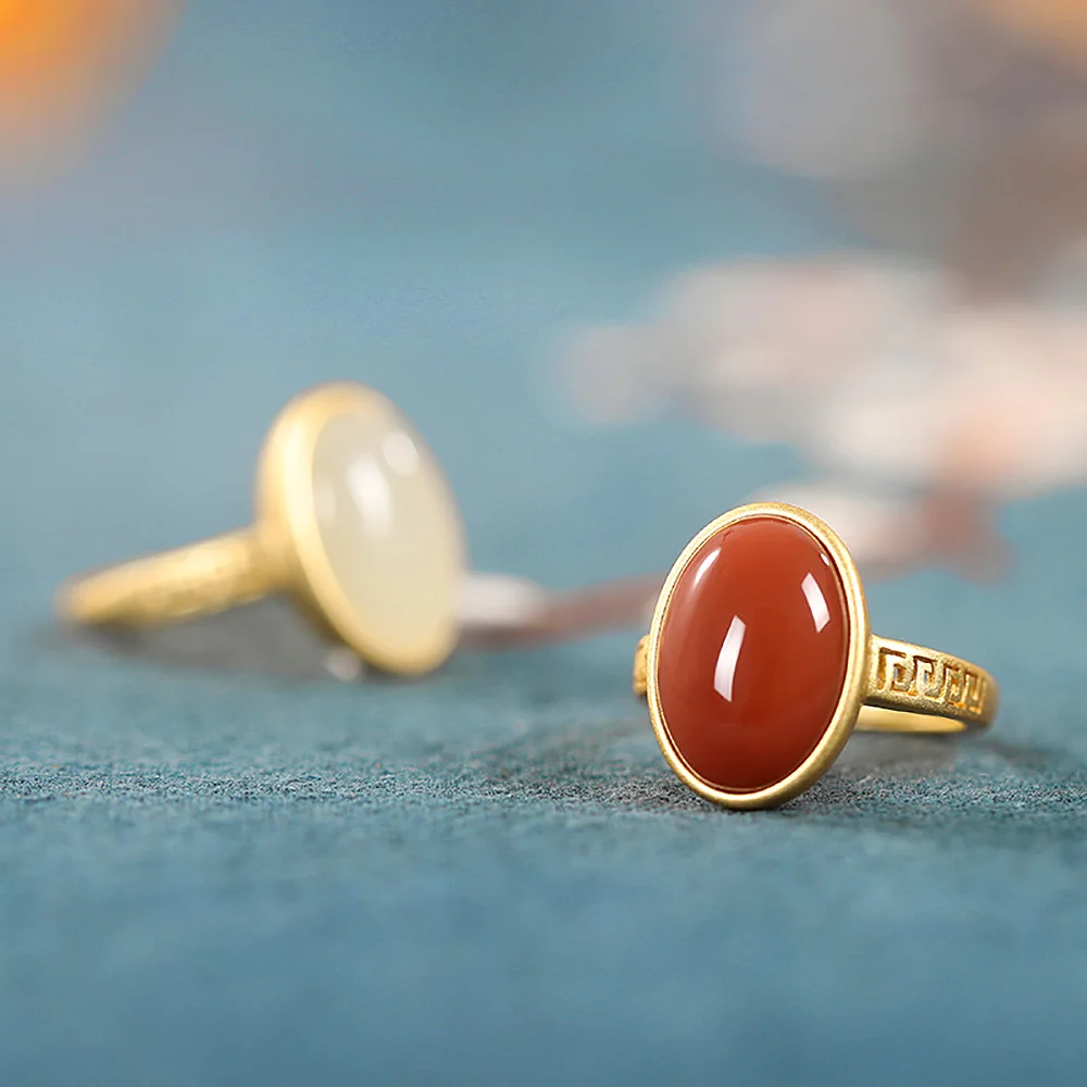 

Hotan Jade Vintage Ring Natural Red Agate Gold Adjustable Ring For Couple Luxury Chinese style Jewelry Accessories Free Shipping