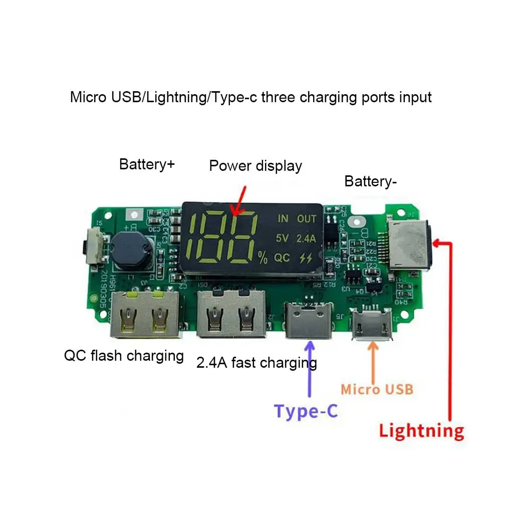 

Модуль зарядки аккумулятора, многопортовый USB-интерфейс, цифровая плата защиты от короткого замыкания, повышающая панель, 3 вида портов