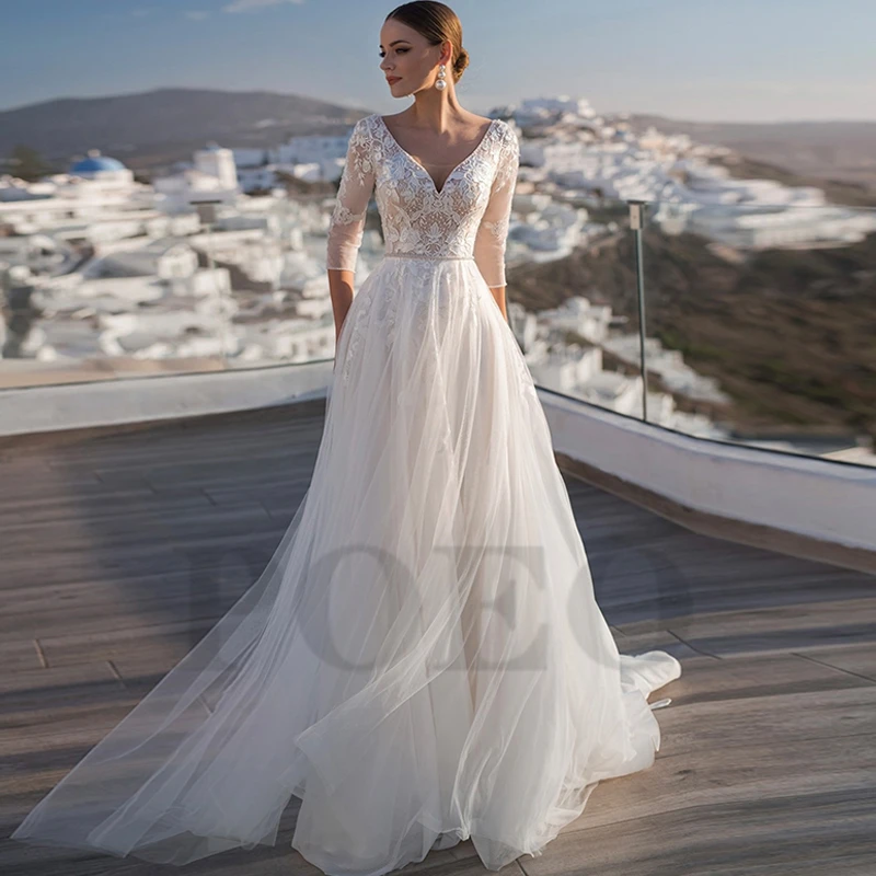 

Simple Sexy Wedding Dress Elegant Exquisite Appliques Beading Backless Tulle Illusion Beach Robe De Mariee Prom Gown Women