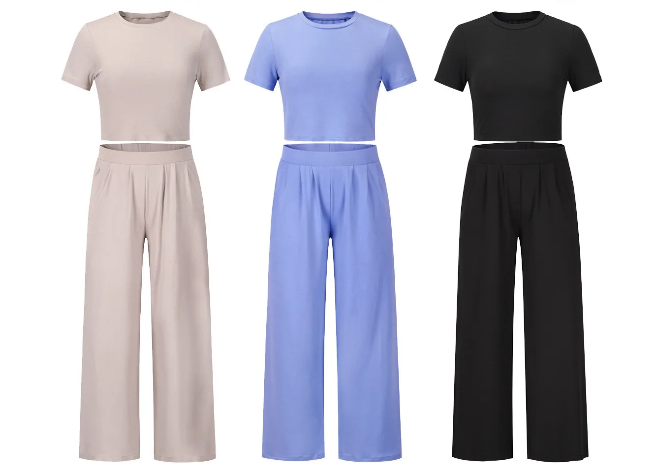 Fashion Women Set 2023 Summer New Set Solid Color Round Neck Short Sleeve T-shirt Elastic Belt Long Pants Two Piece Sports Set