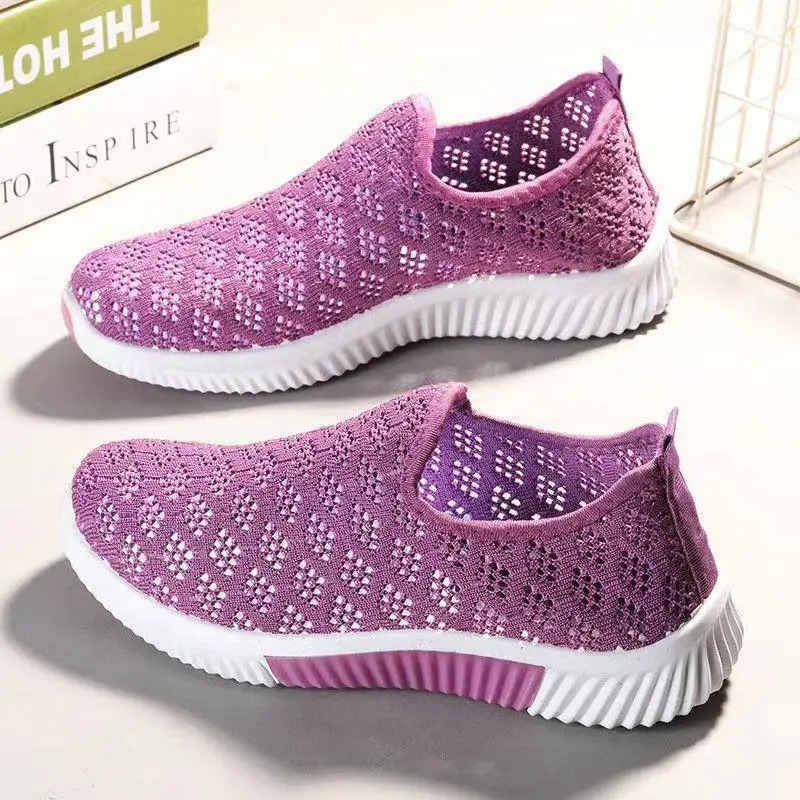 

Summer Purple Women Mesh Shoes Flat with Hollow-out Sofe Pink Mom Shoes Comfortable Sports Shoes Solid Black Female Casual Flats