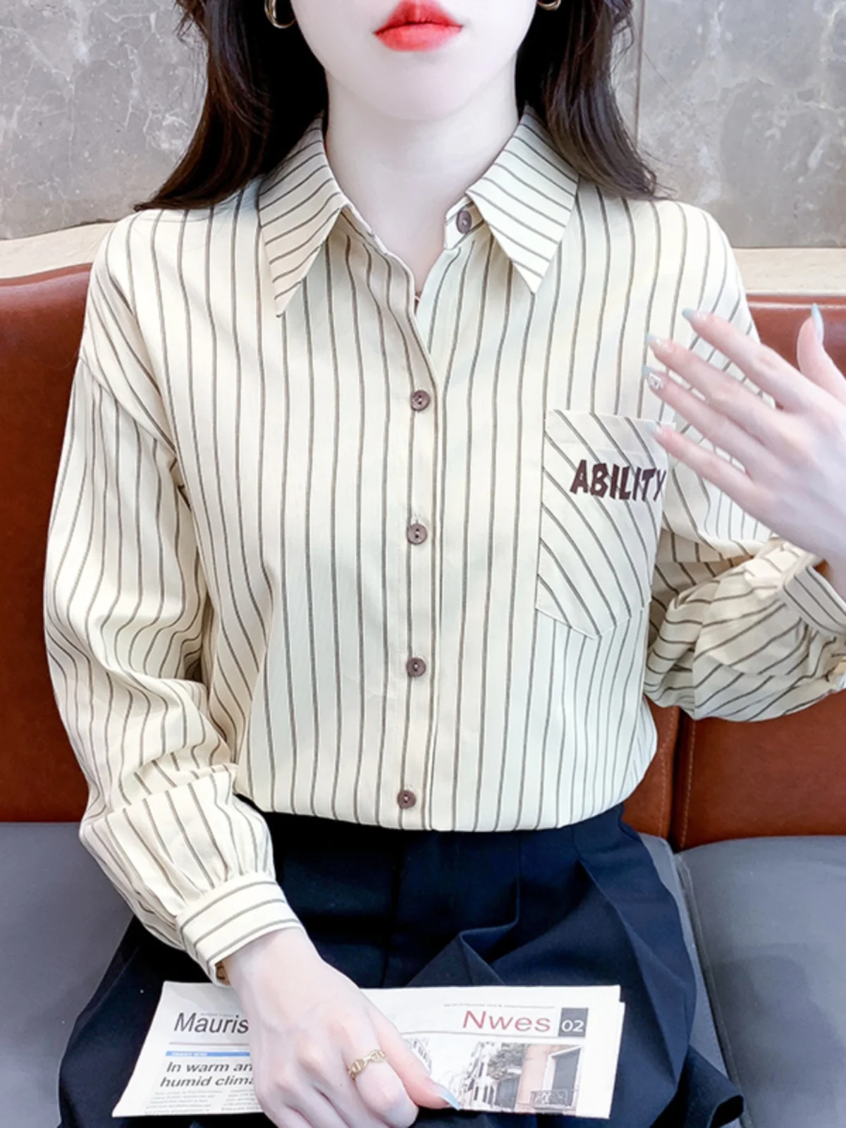 Long sleeve Shirts Women Early Autumn New Fashion Age-Reducing Stripe Embroidered Professional Shirt Versatile Slimming Weste...