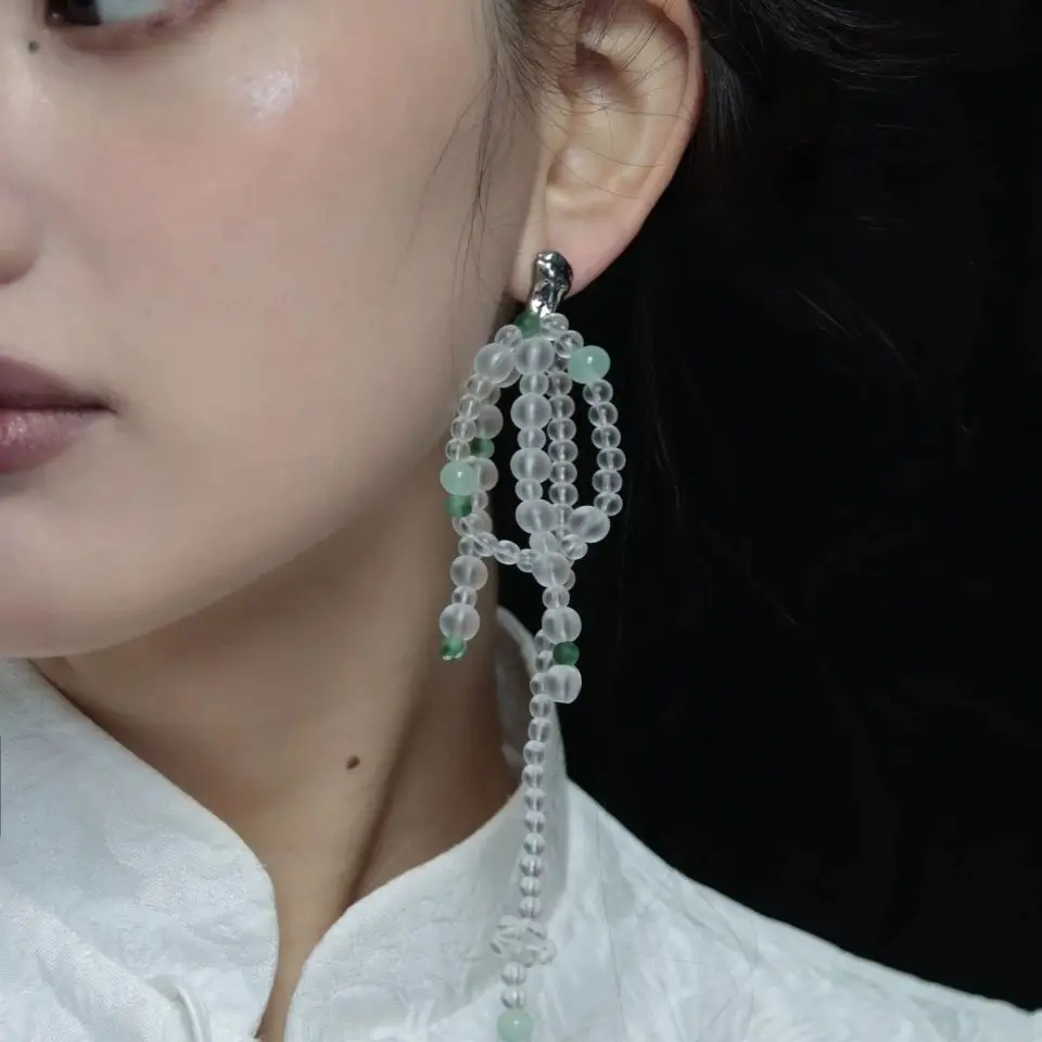 

Fairy temperament frosted round pearl tassel earrings crystal stitching stud earrings French contracted fashion earrings