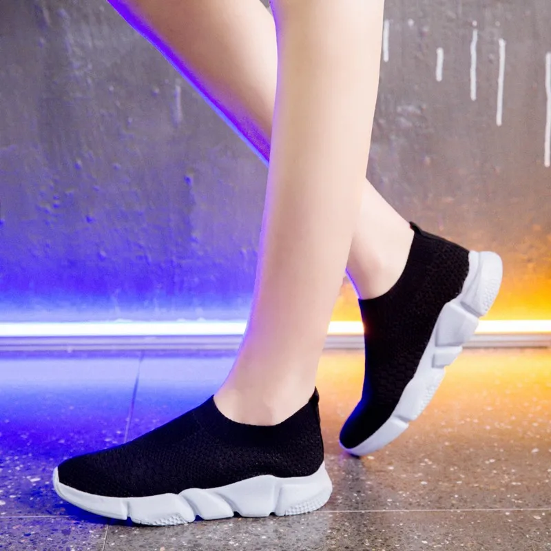 

2021 Plus Size 42 Breathable Mesh Platform Sneakers Women Slip on Soft Ladies Casual Running Shoes Woman Knit Sock Shoes Flats