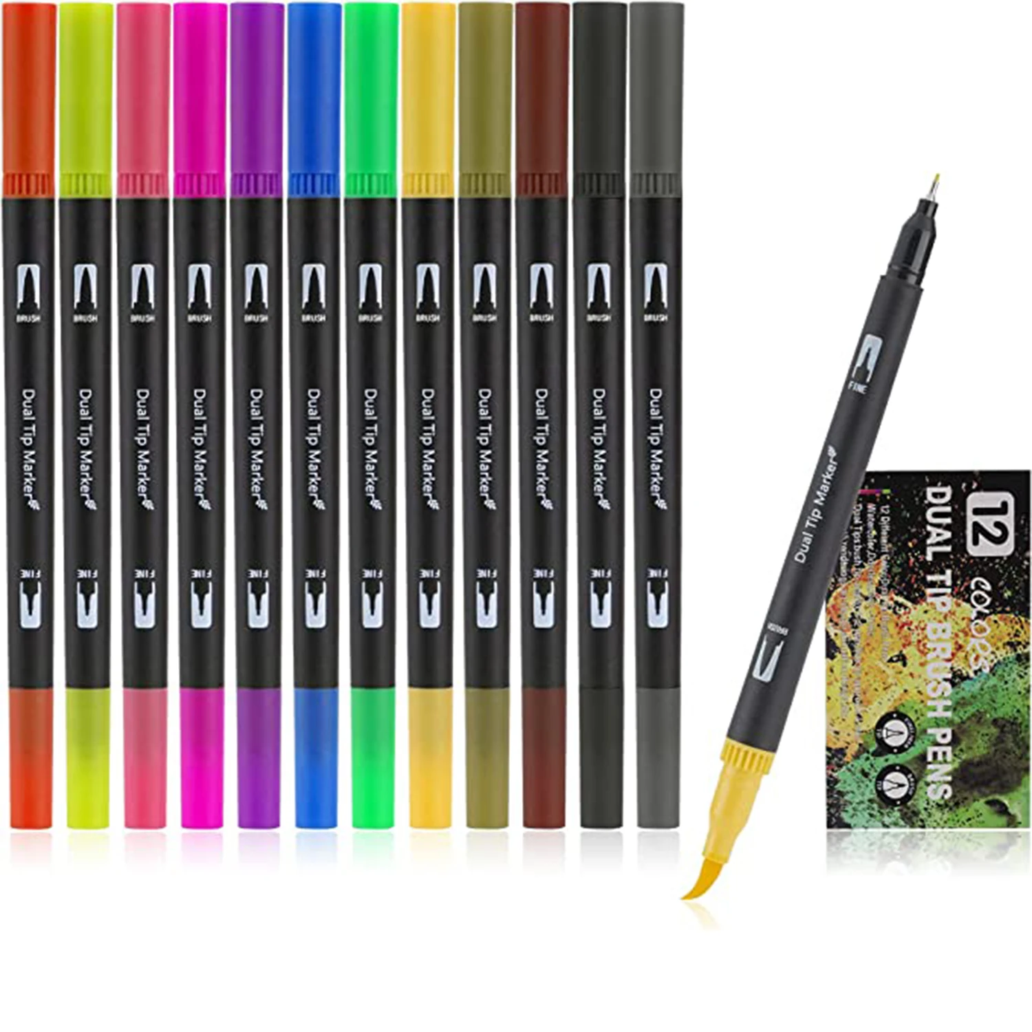 

12 Colors Dual Tip Brush Art Marker Pens Coloring Markers Fine & Brush Tip Pen for Adult Coloring Book Note Taking Art Supplier