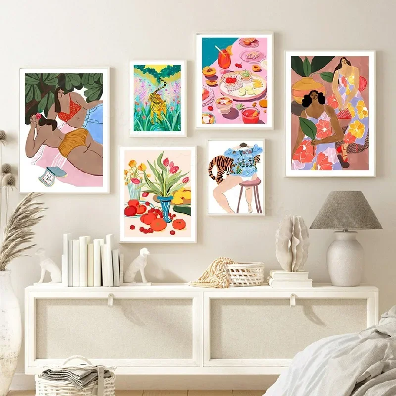 Тигр Слон Леопард птица фруктовый цветок дерево женщина настенная Картина на