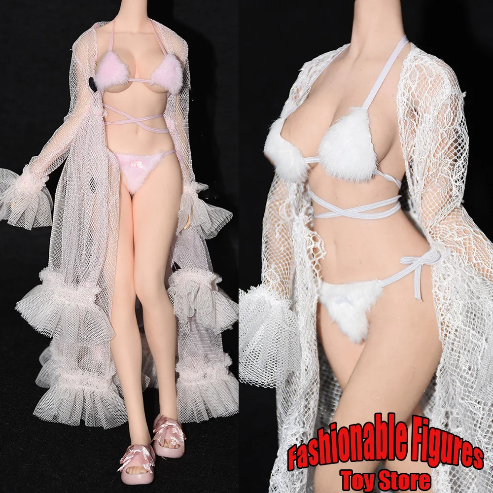

1/6 Women Soldier Lingerie Fluffy Plush Halter Lace Up Bikini Hot Bra Tong Sexy Sleepwear Lace Robe For 12'' Action Figure Body