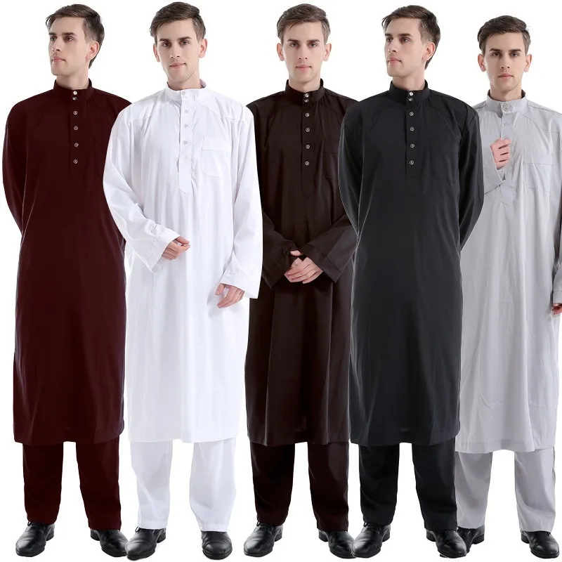 

Muslim Robe Arab Men Thobe Ramadan Costumes Solid Arabic Pakistan Saudi Arabia Eid Turkey Abaya Male National Islamic Clothing