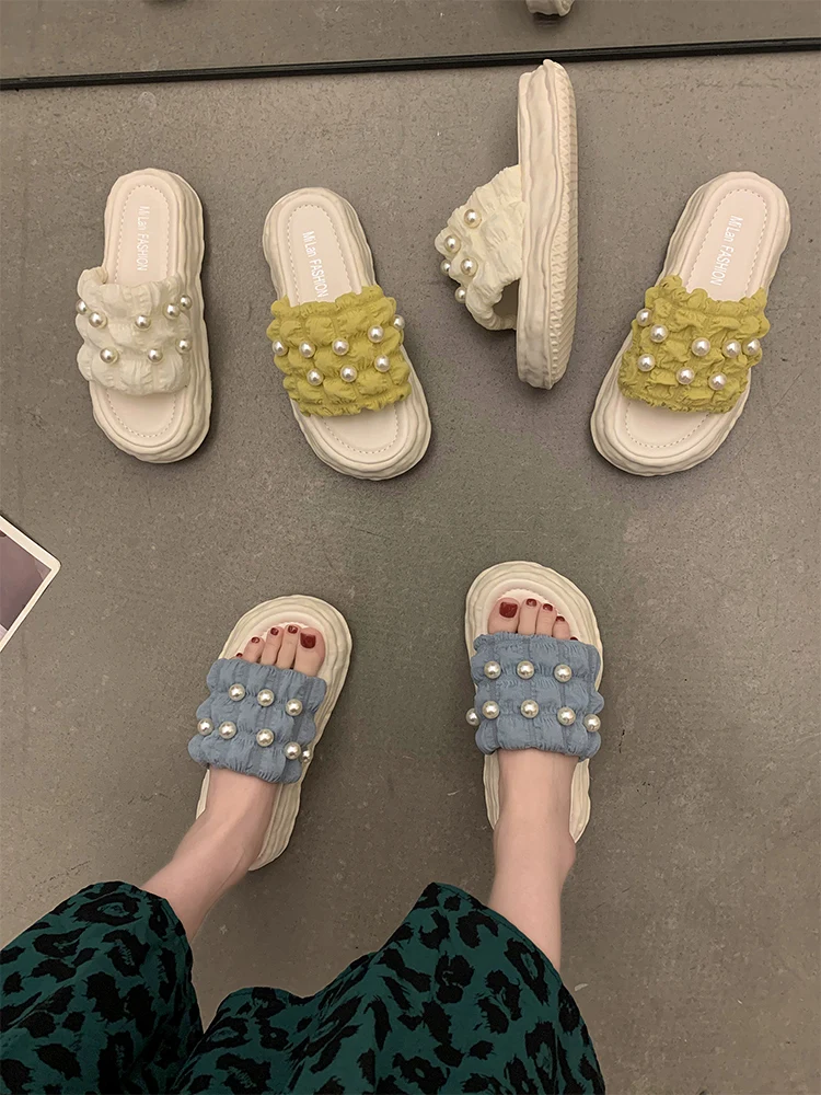 

String Bead Shoes Woman 2022 Med Slippers Flat Luxury Slides Platform Pantofle Designer New PU Fabric Rubber Cotton String Bead