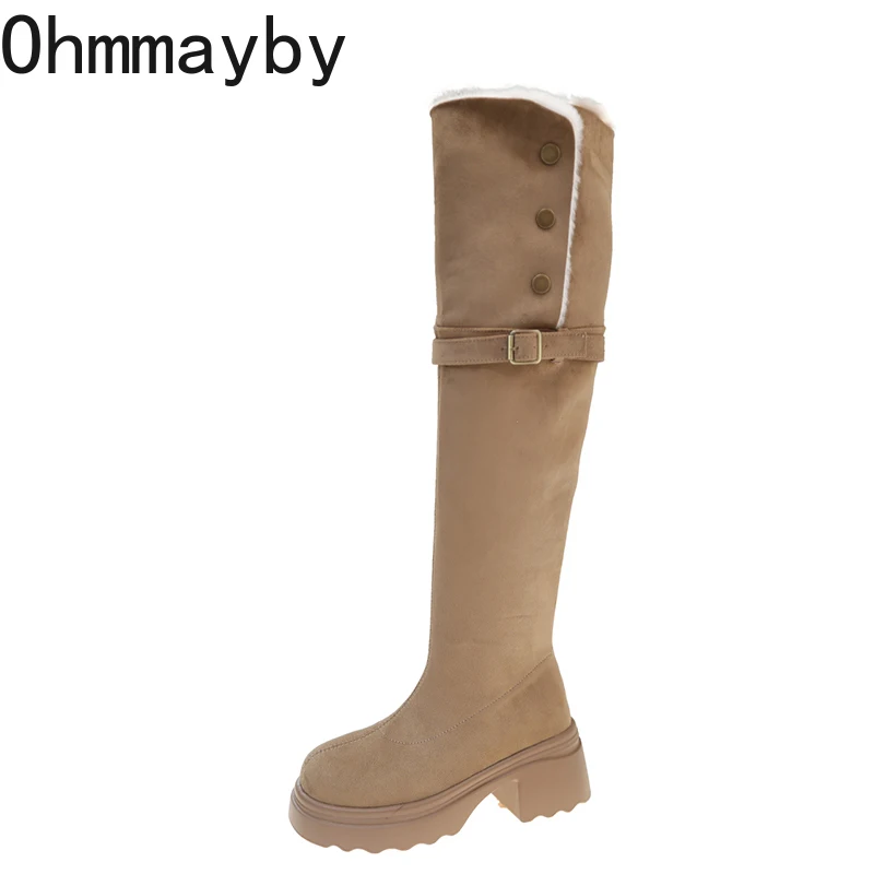 Женские теплые плюшевые высокие сапоги на платформе модные до колена без
