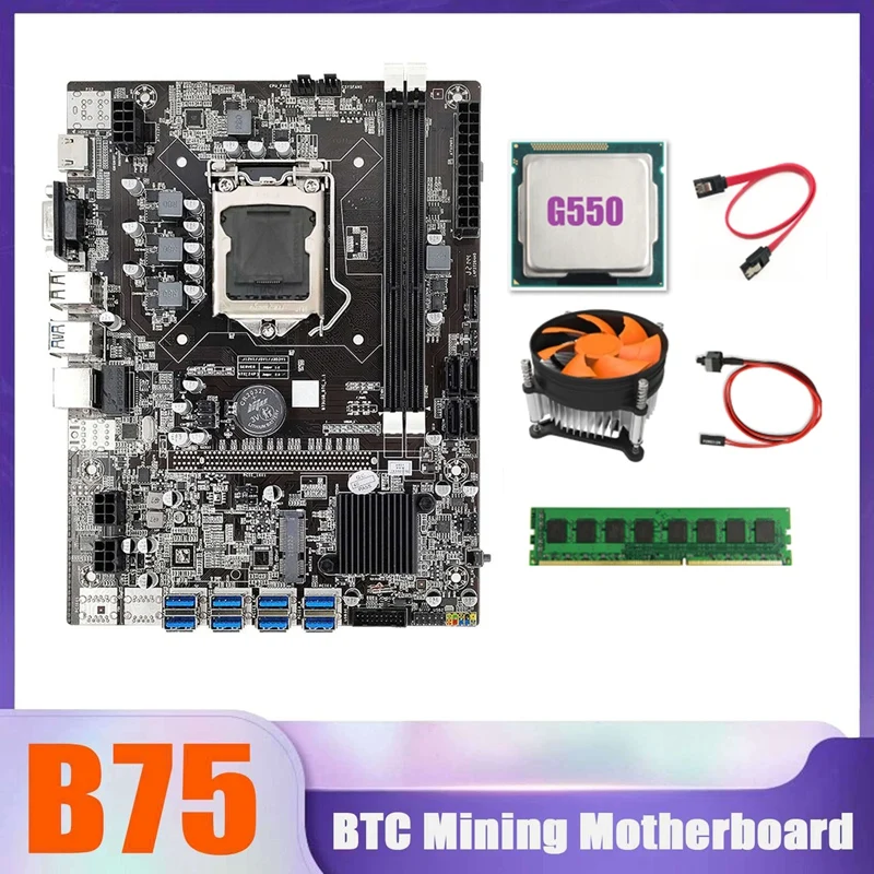 

Материнская плата B75 BTC Miner 8xusb + G550 CPU + DDR3 8G 1600 МГц ОЗУ + вентилятор охлаждения процессора + кабель переключателя + кабель SATA