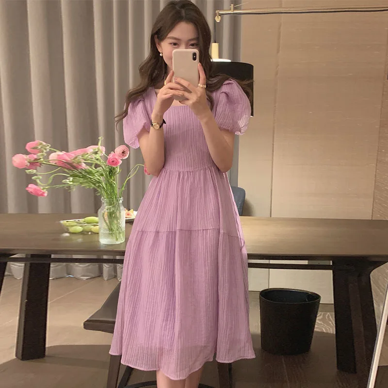 

Летнее Повседневное платье-трапеция с зауженной талией, женское платье с буффами на рукавах, однотонное милое нежное офисное женское плать...