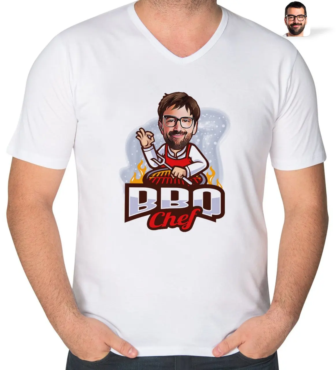 

Персонализированный мужской шеф-повар для барбекю, карикатура с V-образным вырезом