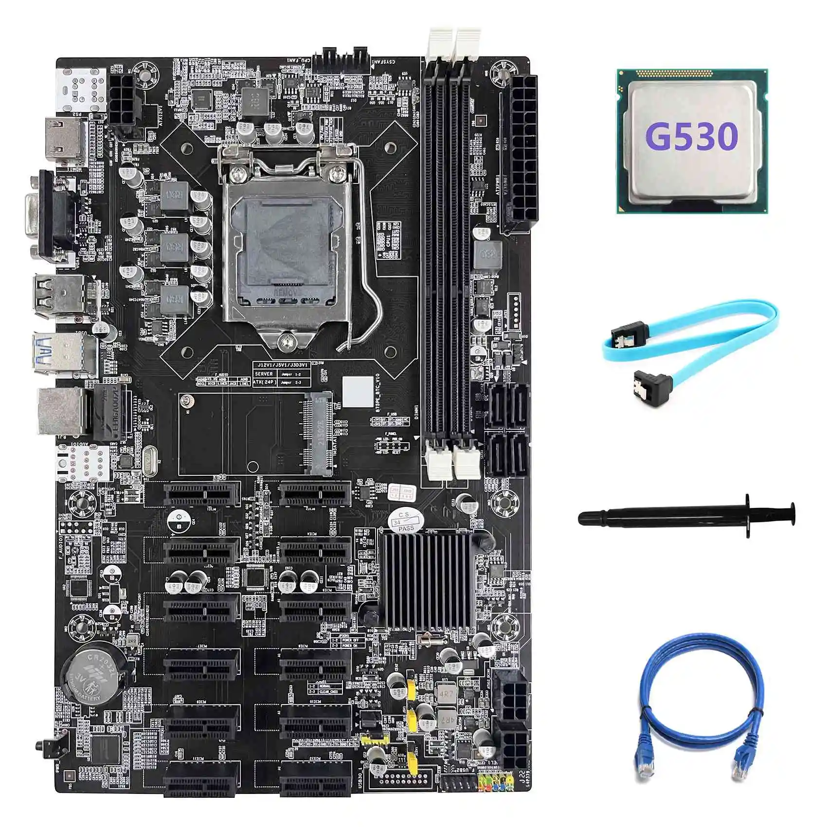 

B75 12 PCIE ETH Mining Motherboard LGA1155 Motherboard+G530 CPU+SATA Cable+RJ45 Network Cable+Thermal Grease