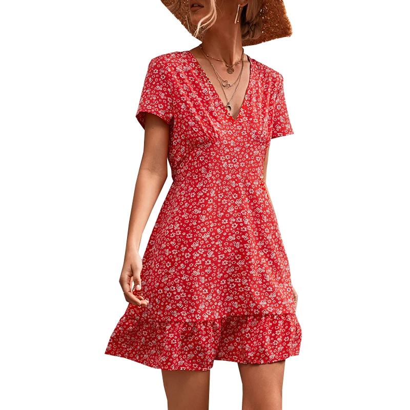 

Women’s Floal A-Line Dress Summer Sweet Elegant Floral Ruffles V-neck Bandage Short Dress for Lady Chic Flowers Mini Dress
