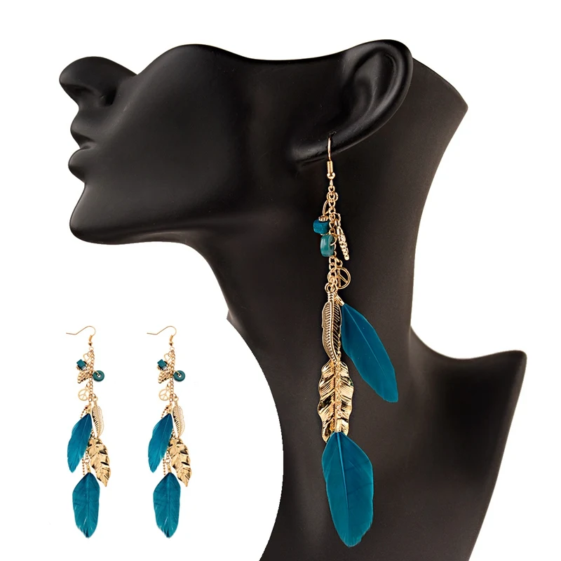 Женские винтажные длинные богемные серьги-подвески в виде листьев и перьев