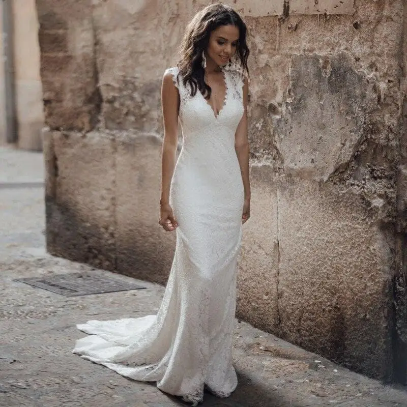 

LaBoum Lace Wedding Dresses for Women Mermaid vestido simples de noiva Custom Made Bridal Gowns Long Sleeve Sweetheart Backless