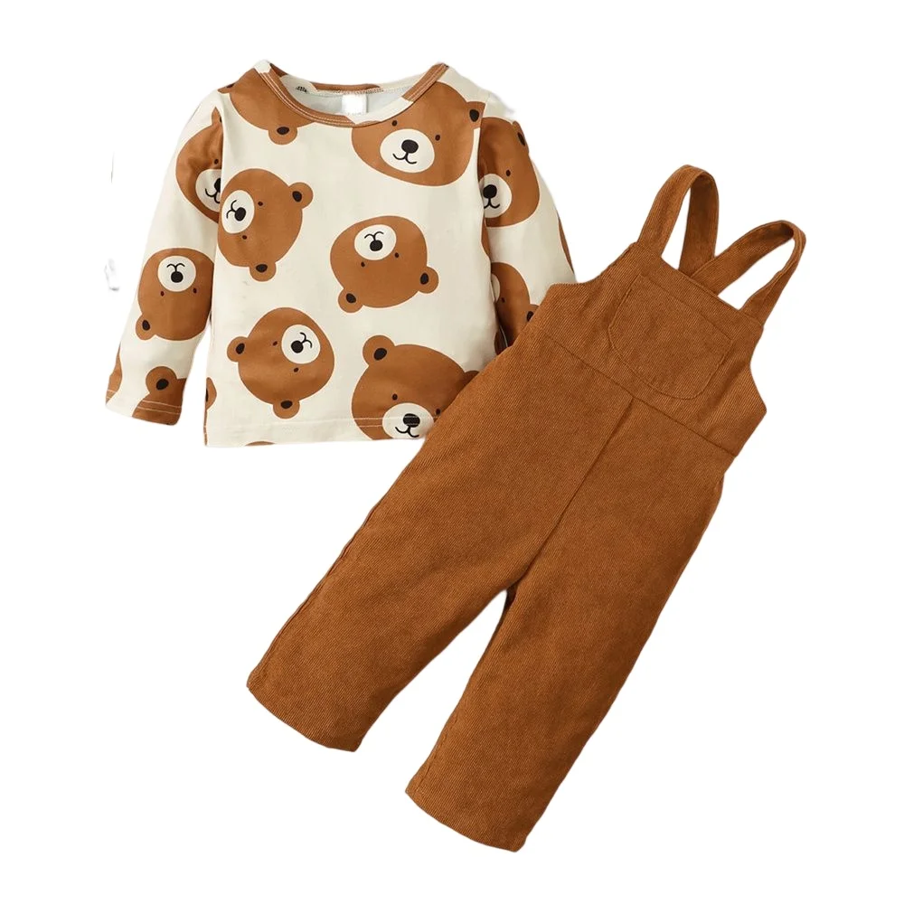 Toddler Baby Boy Clothes Suit Cartoon Bear Print Top + Solid Suspenders 2PCS Costume Infant Baby Sport Fashion Outfit Set