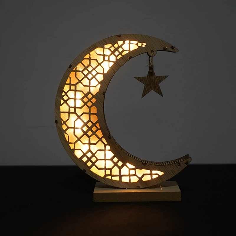 

Muslim Ramadan Ornaments Luminous Wooden Hollow Out Moon Star National Style Decorative Tabletop Festival Gifts Arts And Crafts