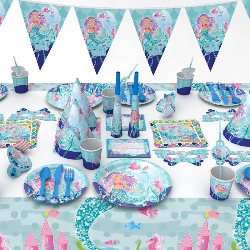 

Little Mermaid Theme Disposable Tableware Set Girls Birthday Party Decor Cup Plate Straw Napkin Tablecloth Banner Party Supplies
