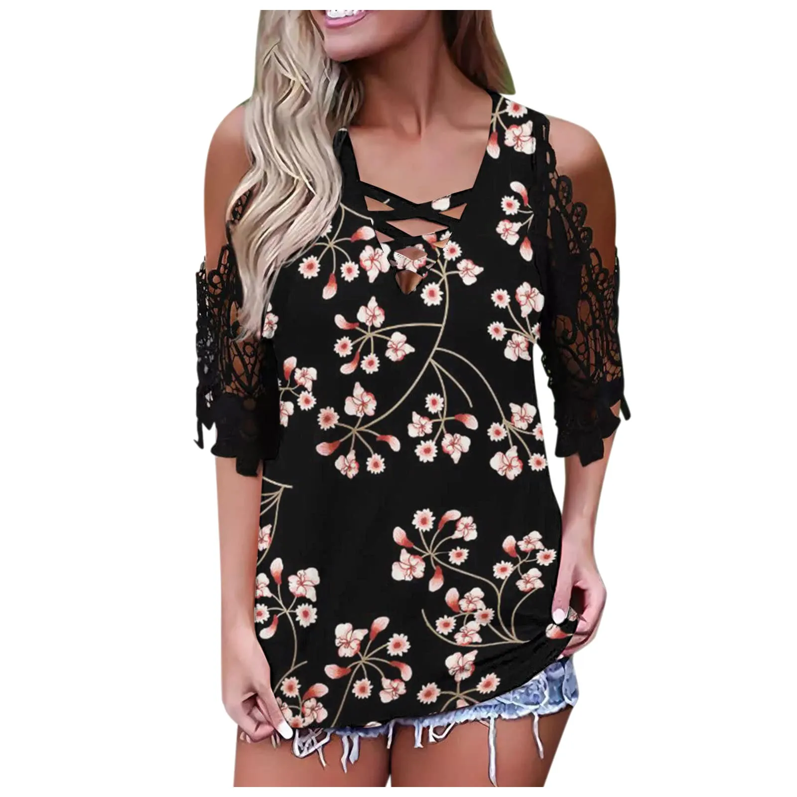 

Женская свободная футболка с коротким рукавом и V-образным вырезом