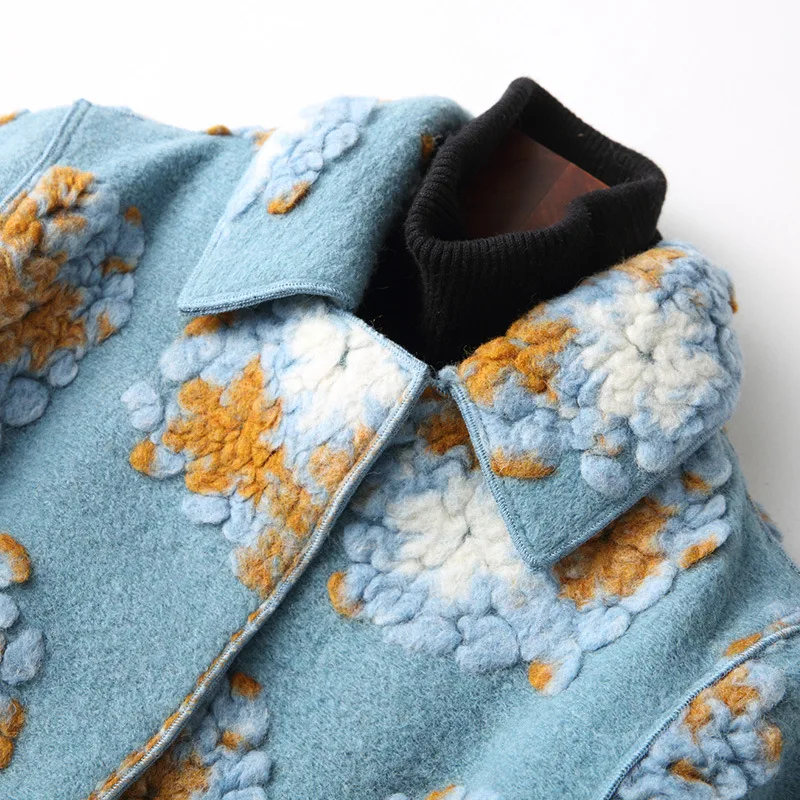 2022 New Winter Real Fur Coat Women Sheep Shearing Jacket Fashion 3D Print Floral Contrast Color Long Clothes Plus Size Tops