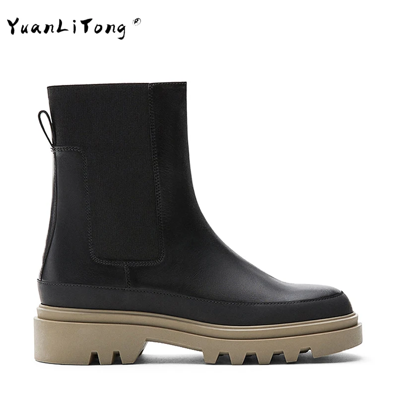 

Chelsea Boots 2022 New Fashion Women Genuine Leather England Style Thick Sole Round Head Martin Boots Simple Casual Shoes Female