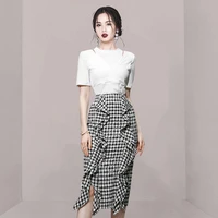 womens summer clothes new korean round neck off shoulder knitted top waist trimming lotus leaf zipper checkered skirt set