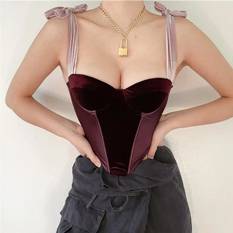 

Velvet Corset Tank 2021 Spring Women Bone Patchwork Crop Top Camis Sexy Ribbon Bandage Bustier French Style Cincher Body Shaper
