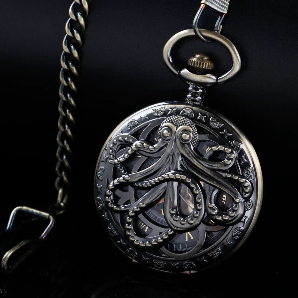Cthulhu Octopus Hollow Out Mechanical Manual Winding Pocket Watch Gold Roman Digital Skull Dial Pendant Automatic Antique Clock
