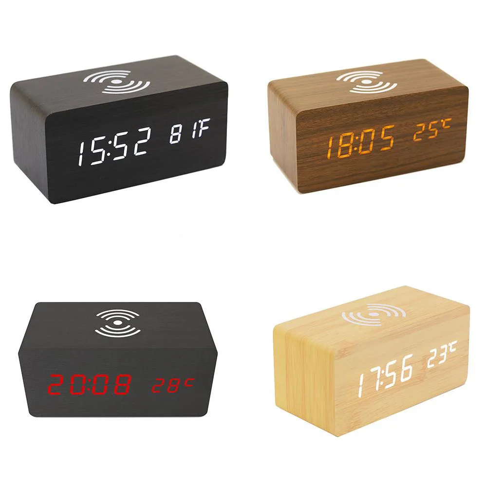 

Светодиодный деревянный ночной Светильник Электрический цифровой будильник лампы мульти-поддерживает функцию Беспроводной тока смарт-те...