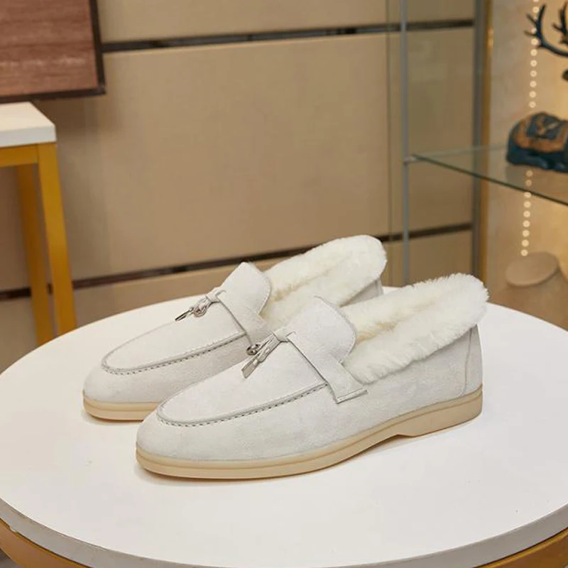 Luxury Wool Warm and Plush Snow Leather Loafers Shoes for Women  Spring and Autumn Casual Shoes Comfortable Walking Shoes