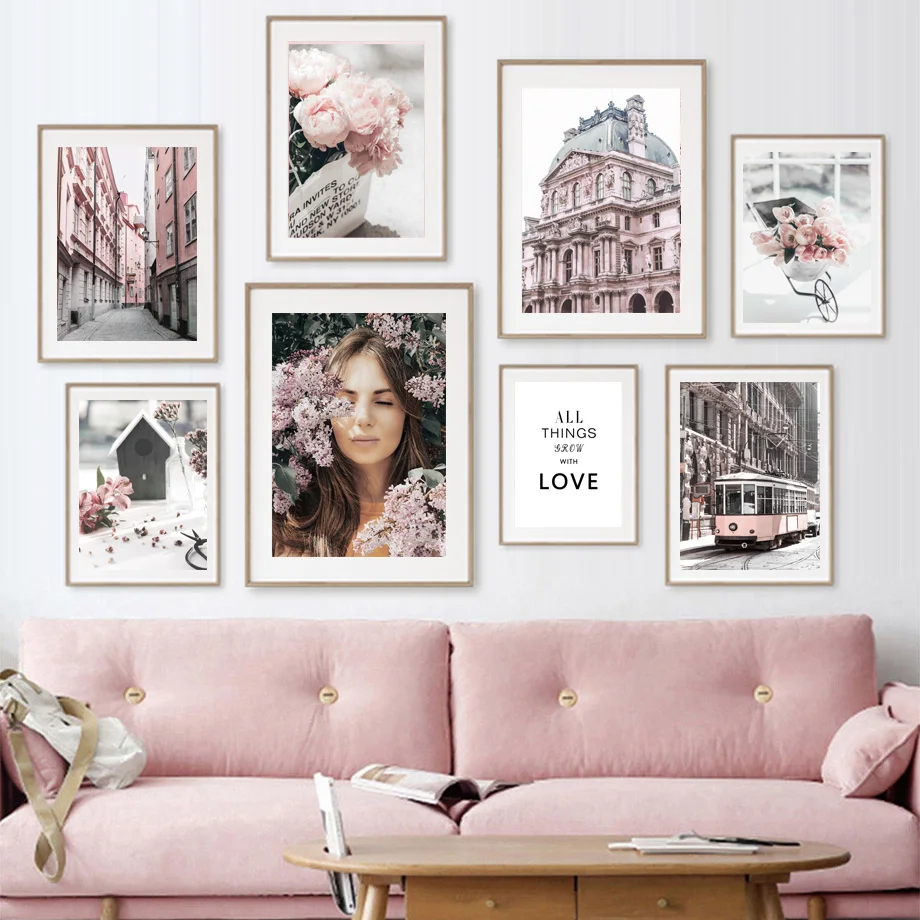 

City Street Tram Rose Flower Girl Building Wall Art Canvas Painting Nordic Posters And Prints Wall Room Decoration Picture