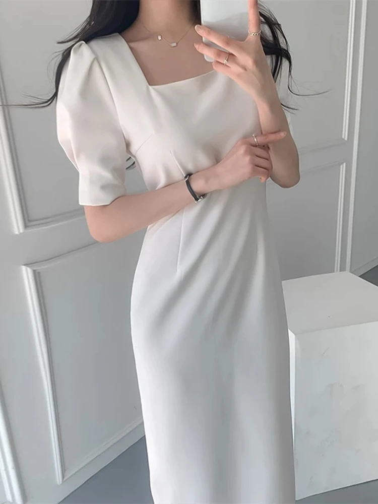 

New Summer Women Elegant Bodycon Dress Office Lady Casual Puff Sleeve Midi Dress Female Fashion Clothes