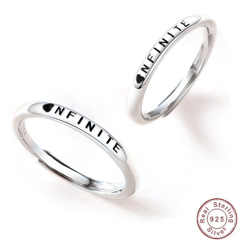 

European Fine Infinite Love Couple Genuine S925 Sterling Silver Ring Plain Circle English Letter Women Jewelry Adjustable size