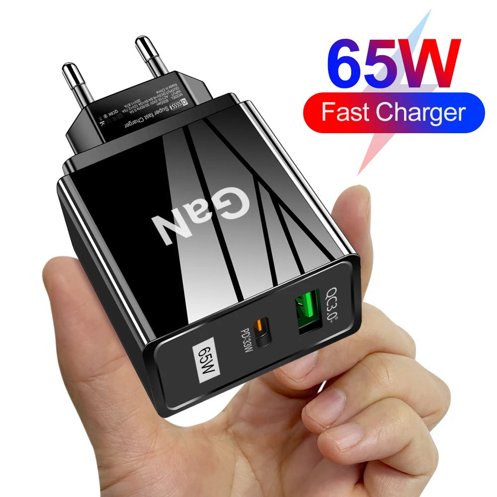 

2Ports 65W Charger Fast Charge QC 3.0 + PD 33W Type C USB GaN Charger Portable Wall Power Adapter for iPhone 13 Pro Max Xiaomi