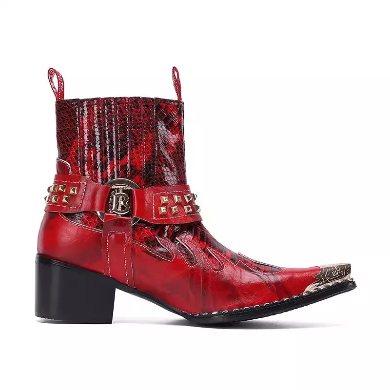 Красные кожаные лоскутные короткие сапоги с острым носком мужские модные