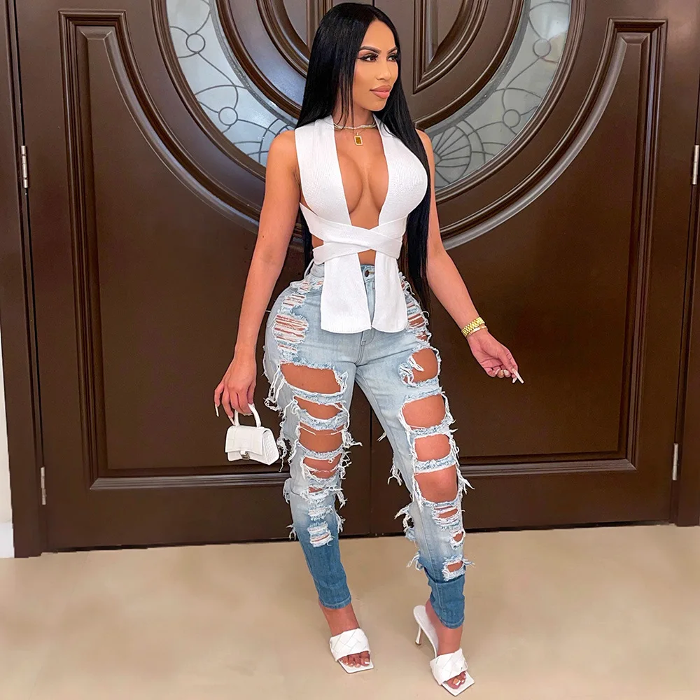 2022 Fashion Streetwear Ripped Jeans for Women Matte Gradient Sexy Cutout Denim Trousers Casual Hot Pants Women's Wear