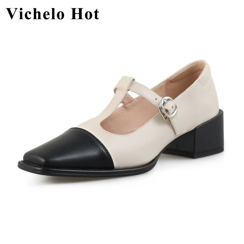 Vichelo Hot sheep split leather square toe med heel mixed colors young lady streetwear buckle strap comfortable women pumps L22