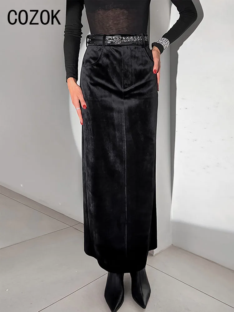 

Cozok, винтажная бархатная юбка с разрезом, женская модная прямая офисная длинная юбка с высокой талией, Осень-зима, элегантная юбка макси для ночного видения